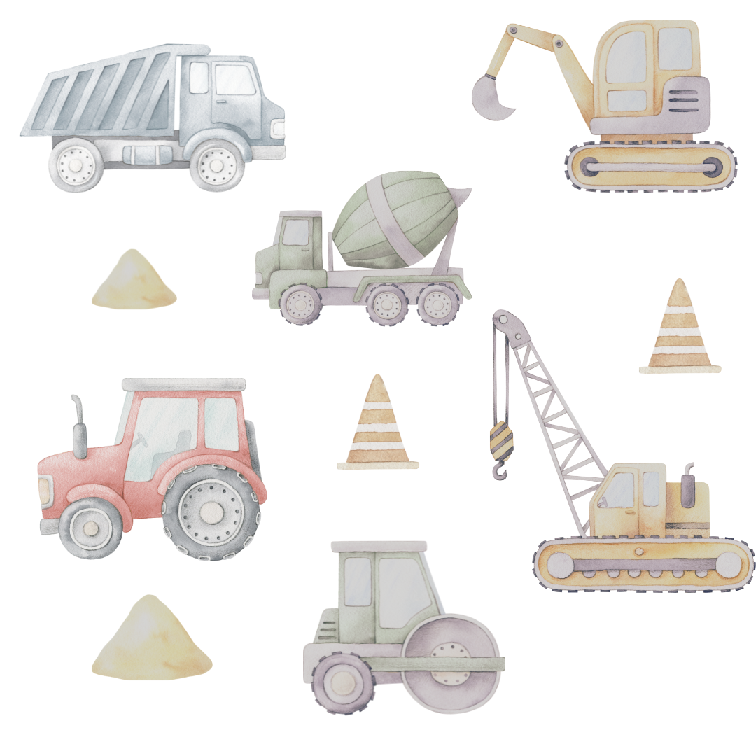 Picture of 6 muted colourful diggers, trucks, excavators, pilon and dirt wall decals